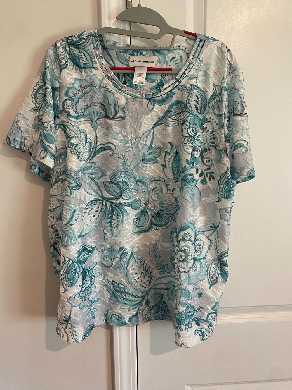 Alfred Dunner Teal and White Floral Short Sleeve Top